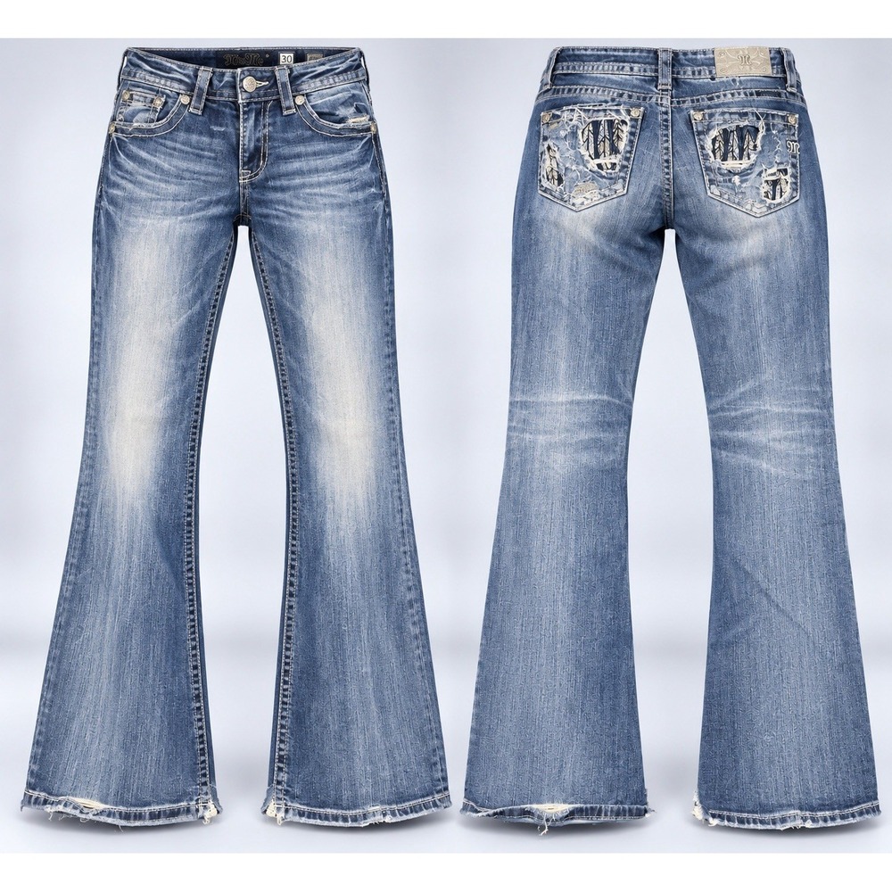 MissMe sig Boot Jeans womens 30x30 Y2K Low Rise distressed sequin feather tribal